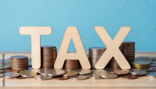 Wooden letters spelling tax positioned among stacked coins and loose change, conveying taxation, financial planning, savings impact, accounting, income management and economic burden for individuals 