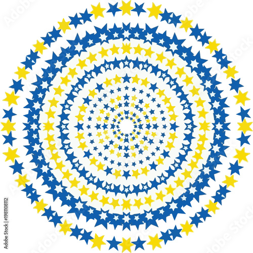 Vibrant yellow and blue stars arranged in a repeating circular geometric pattern on a clean white background design