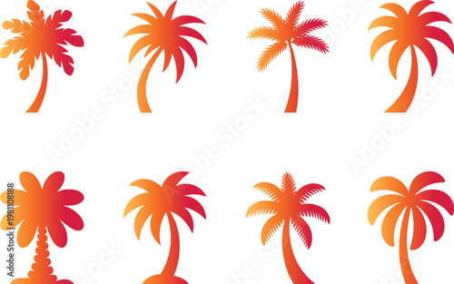 A collection of vibrant orange and red palm tree icons on a white background