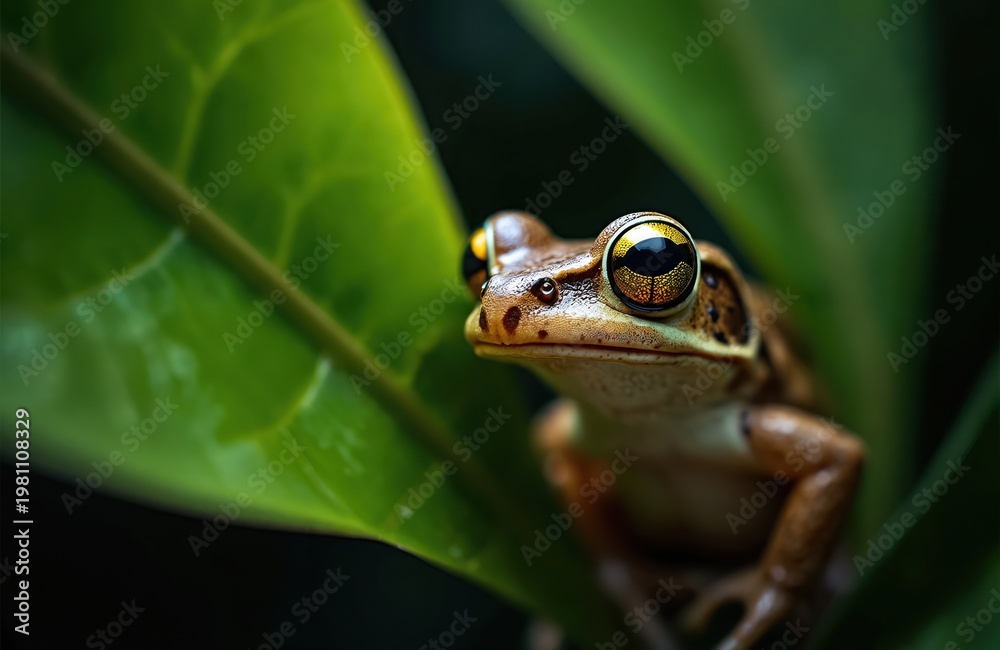 Fototapeta premium Small brown tree frog with golden eyes perches on a large green leaf. Frog sits in foliage on a dark background, looks alert in tropical forest habitat.