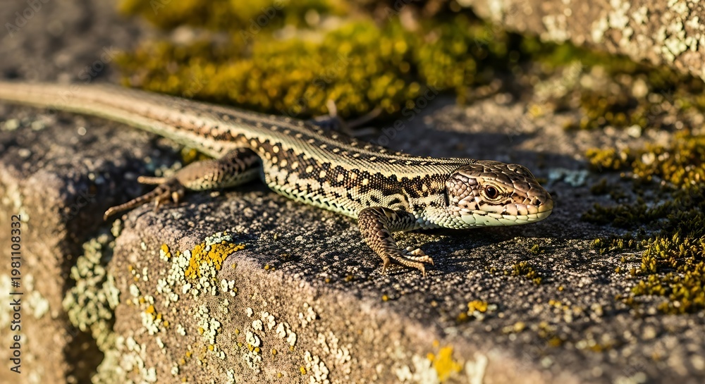 Fototapeta premium Lizard basking on a sunlit stone surface.