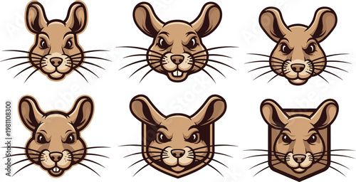 Cute rodent mascot head collection with badge frames and expressive faces isolated flat vector set for branding