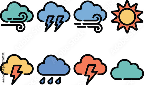 A collection of colorful weather icons on a white background