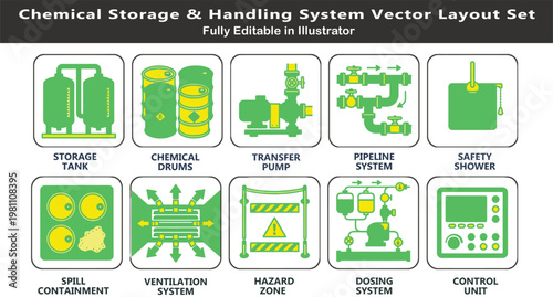 Chemical handling system vector icons set, top view industrial layout symbols, storage tanks, drums, pumps, safety shower, spill containment CAD