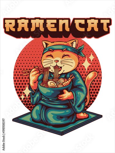 Funny Ramen Cat Vector Design Illustration - Adorable Feline Enjoying a Delicious Noodle Bowl in a Kimono