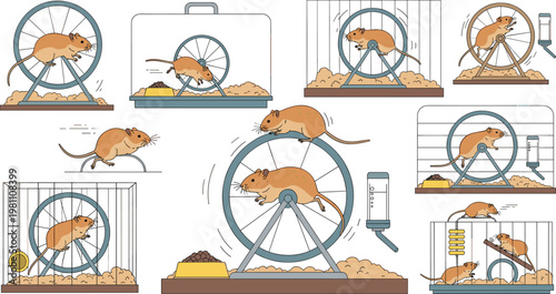 Cute gerbil exercise wheel collection with pet cage activity scenes isolated flat vector set for care design