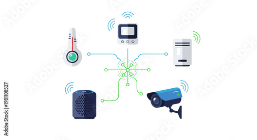 Connected smart home devices including a thermostat, security camera, smart speaker, and thermometer, all linked by wireless signals and circuits, showcasing modern automation
