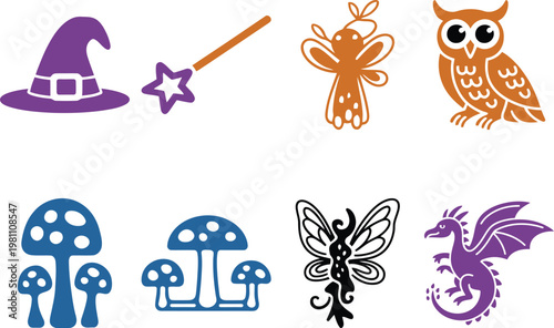 A collection of whimsical cartoon icons featuring magical creatures and symbols
