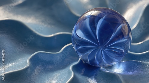 Close-up of a blue glass marble with internal swirls on a wavy textured blue background