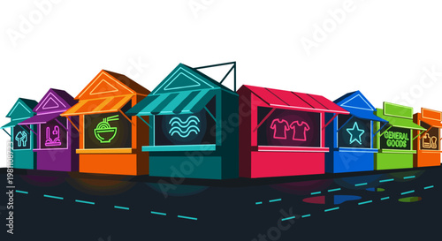 Vibrant marketplace stalls showcasing diverse neon-lit products like food, clothing, and general goods, rendered with clean, scalable vector lines and geometric shapes in a