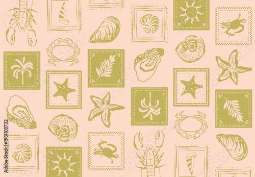 Tableau sur toile Sea shells, fossils and mollusks seamless pattern