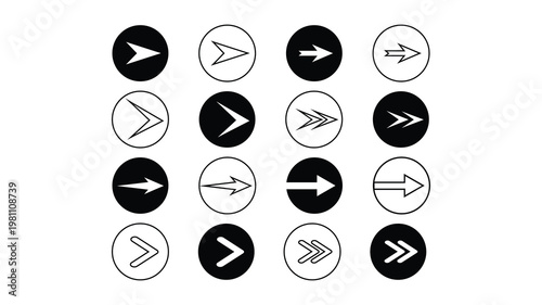 A set of 16 black and white arrow direction icons in different styles. Minimalist arrow icon collection. Vector arrow buttons and icons for web and UI design.