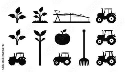 Agriculture farming process silhouette set including crop growth stages irrigation system tractor tools harvest workflow elements in professional vector style