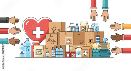 Generous hands extend offering vital supplies like bottled water, food bags, medicines, and blankets, surrounding a large red heart symbol adorned with a white cross, representing