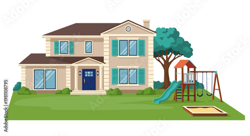 Suburban house with teal shutters and a vibrant playground featuring swings, slide, and sandbox, surrounded by lush green lawn and mature tree, perfect for real estate, family, or