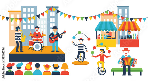 Festive street fair scene features a live band performing jazz music on stage, clowns juggling balls while riding unicycles, and accordion player entertaining onlookers near