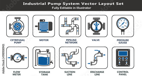 Pump system vector icons set, top view industrial layout symbols, centrifugal pump, motor, valves, pipelines, pressure gauge, flow control CAD