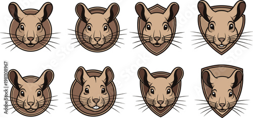 Cute rodent mascot badge collection featuring face emblems in round and shield shapes isolated flat vector set