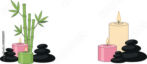 Spa and Wellness Icon Set with Candles, Stones, and Bamboo for Relaxation and Aromatherapy, Digital Illustrations for Health and Lifestyle