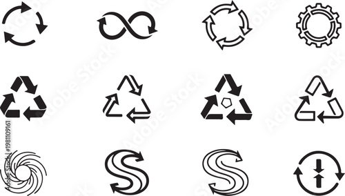 Recycling icons, eco symbols, sustainability signs, 12 black vector graphics