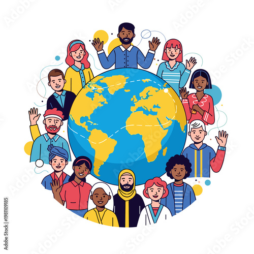 Diverse group of people from various cultures and backgrounds waving around a central globe, symbolizing global unity and community.