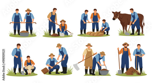 Rural agricultural workers engaged in various farming tasks, including soil preparation, tending livestock, and gathering crops, depicted with clean lines and a naturalistic color