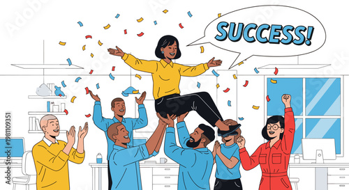 Diverse team members joyfully celebrate a woman's successful achievement, lifting her high amidst a shower of colorful confetti and a triumphant speech bubble proclaiming