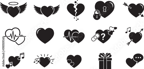 Heart icons, black heart symbols, love icons, heart shapes, vector graphics