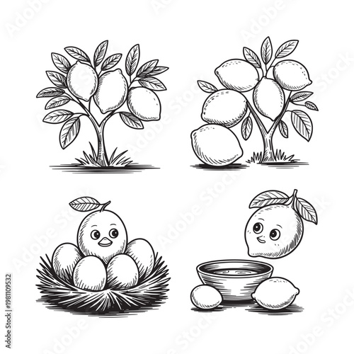 Vintage lemon branch illustrations with whimsical citrus and egg depictions