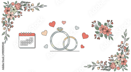 Delicate floral arrangements frame a sparkling diamond engagement ring and wedding bands alongside a calendar marking a special date, all adorned with charming heart accents,