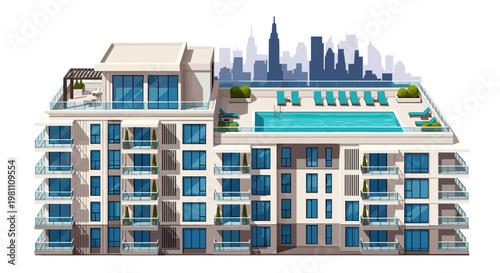 Modern luxury residential building featuring a rooftop swimming pool, sun loungers, and city skyline silhouette, showcasing sleek architectural design with clean lines, balconies,