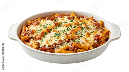 Delicious penne pasta baked with melted cheese, perfect for a hearty meal. isolated on a white background. PNG