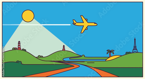 Airplane flying over a scenic landscape with a river.