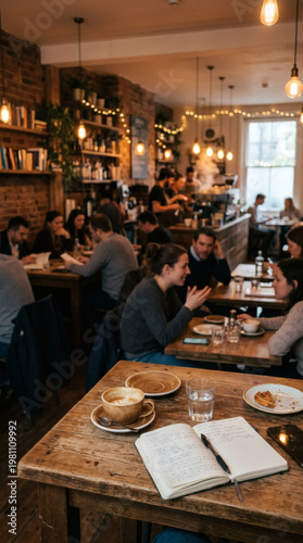 Photograph of a cozy, rustic café with warm lighting, wooden tables, and shelves of books. Patrons enjoy coffee and meals, some writing in notebooks. The background features hanging plants.