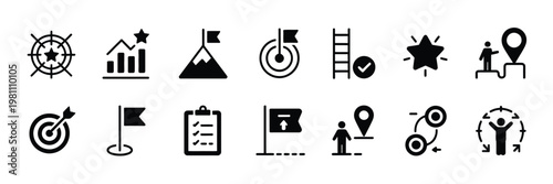 Action plan target and goal icon set, vector illustrations including progress, achievement, strategy, mountain peak, steps, workflow, objective route, checklist tasks, guidance, direction
