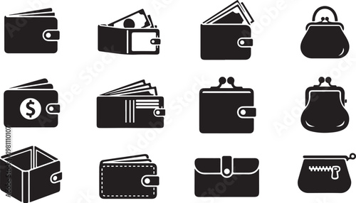 Wallet icons, money bag, purse, and handbag silhouettes, black and white vector graphics