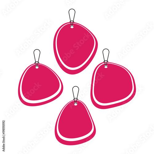 Set of Four Blank Pink Irregular Shaped Retail Price Tags with String Loops for Sales and Promotions Isolated on White.