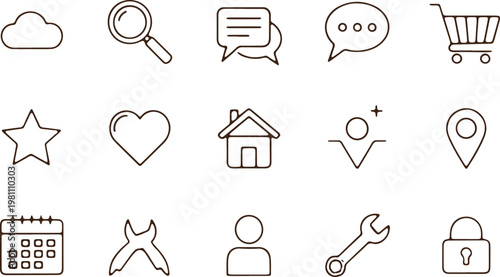 Set of hand drawn web and interface line icons including search home and shopping cart