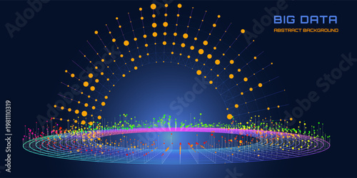 Abstract futuristic torus from noisy grid connecting points  glowing in dark. Big Data. Concept visualization for technology, science and computing.