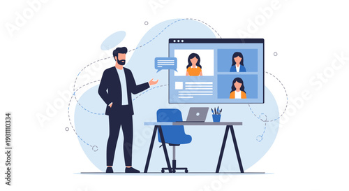 Online Meeting: Businessman Presenting to Remote Team via Video Conference