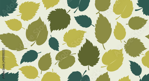Assorted green leaves scattered across a light background.