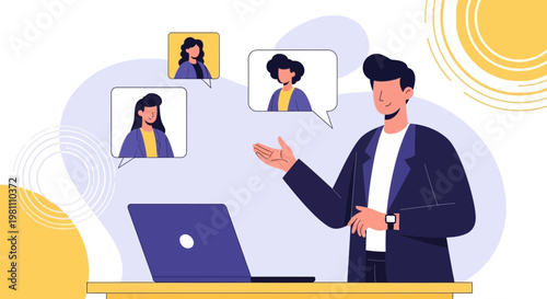 Online Meeting: Man with Laptop Connects with Colleagues via Video Call