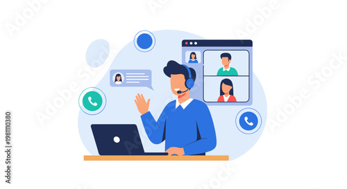 Online meeting with customer support agent, video conference call, remote work