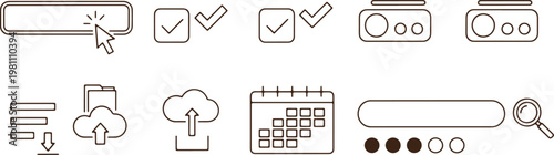 Hand drawn web user interface icon set including button checkbox calendar and search bar.