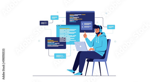 Programmer working on laptop with code on screens, coding, software development concept