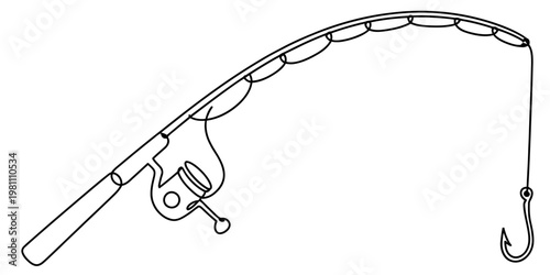 Simple black and white line drawing of a fishing rod with a reel and a hook on a white background Vector, illustration