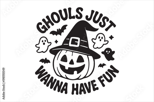 Black and white halloween design featuring a pumpkin and witch s hat