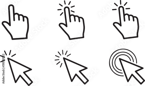 Cursor, Hand, Pointer, Click, Icon Set, Web, Navigation, Black and White