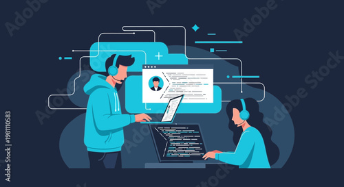 Programmers working on laptops, coding, teamwork, technology, digital communication