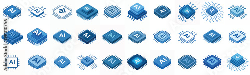 Isometric vector set of simple and minimalist AI chip icons with dominated by blue color